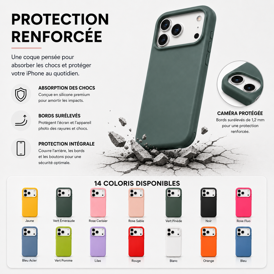 Coque iPhone 17 Pro Max silicone soft touch BeColor - protection renforcée contre les chocs et 14 coloris