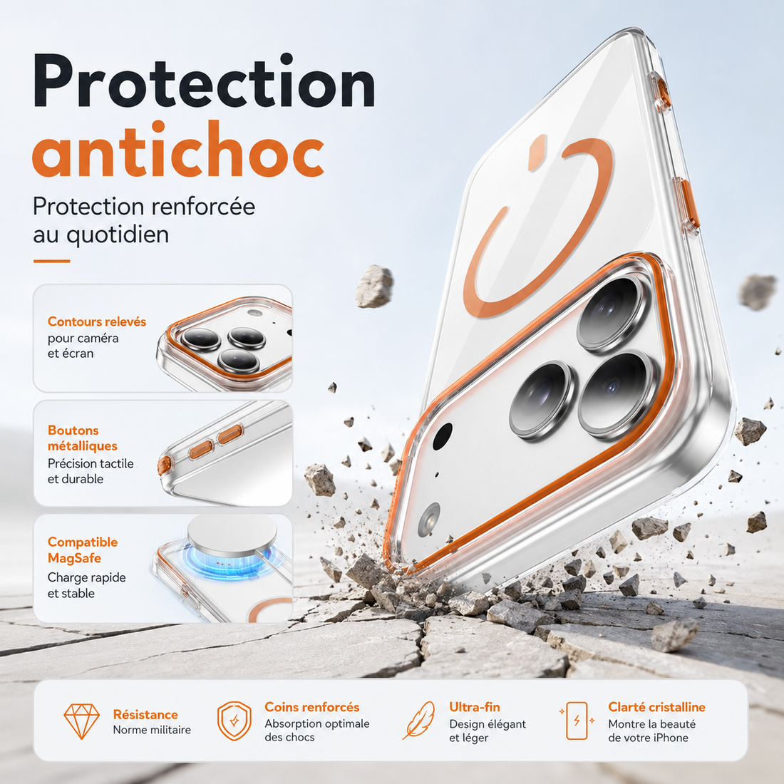 Coque iPhone 17 Pro Max transparente avec protection antichoc et contour caméra renforcé