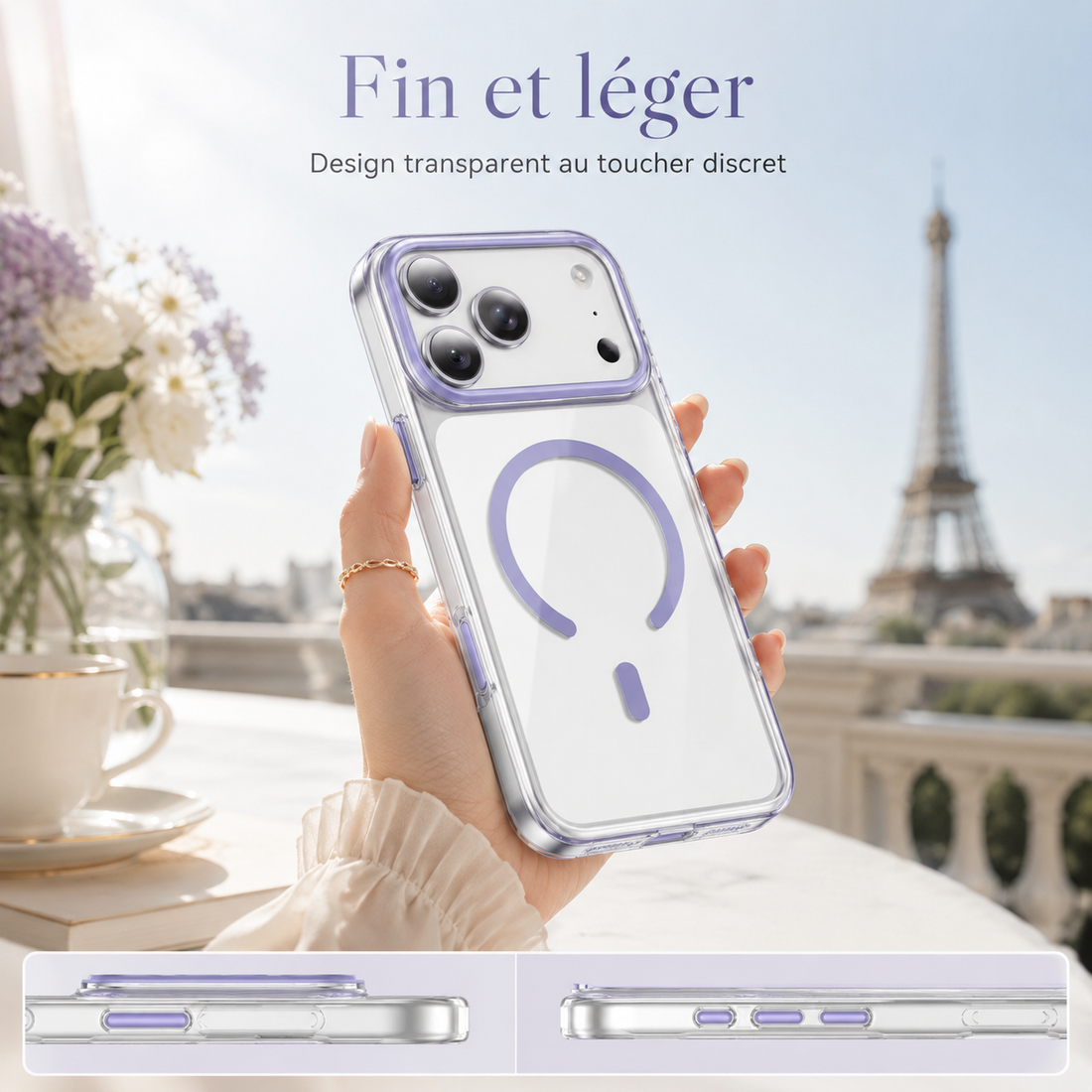 Coque iPhone 17 Pro Max transparente violet lavande fine et légère