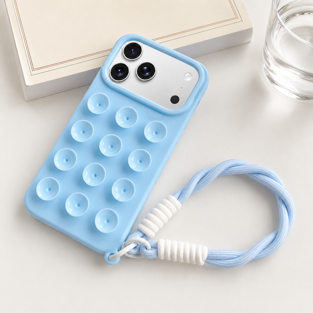 Coque iPhone 17 Pro à ventouses avec cordon bleu ciel