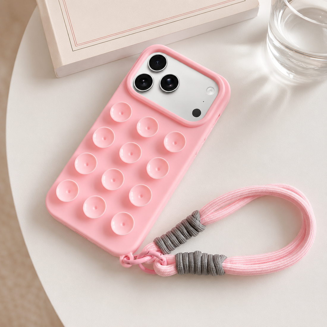 Coque iPhone 17 Pro à ventouses avec cordon rose cerise