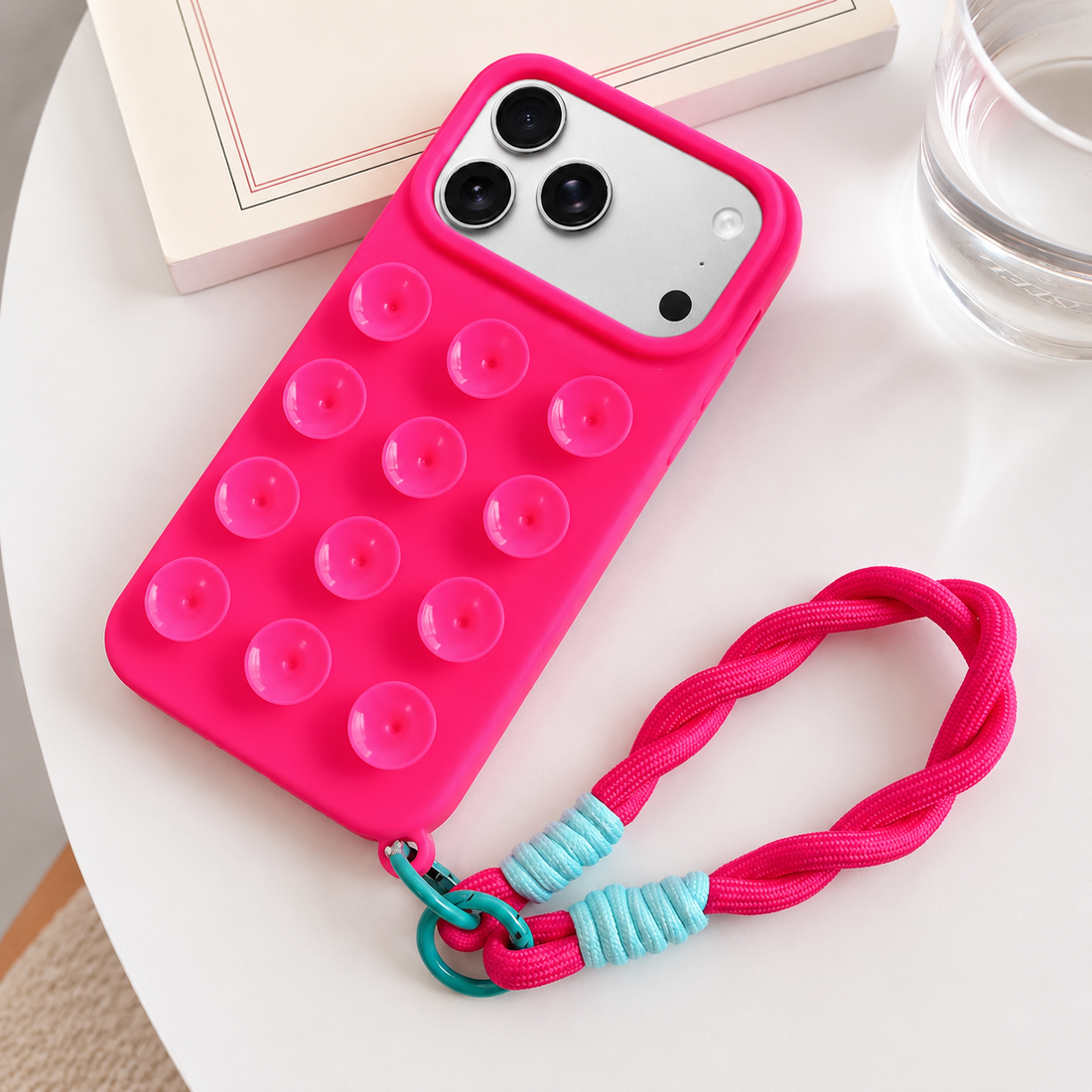 Coque iPhone 17 Pro à ventouses avec cordon rose fluo