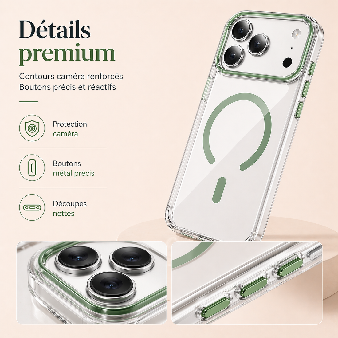 Gros plan de la coque iPhone 17 Pro Max verte avec contour caméra renforcé et détails premium