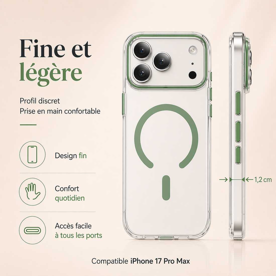 Vue face et profil de la coque transparente verte pour iPhone 17 Pro Max montrant sa finesse