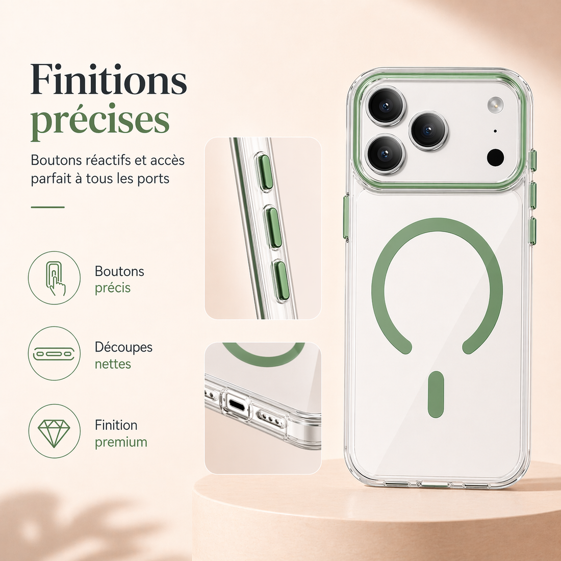 Finitions précises de la coque iPhone 17 Pro Max avec boutons réactifs et découpes nettes

