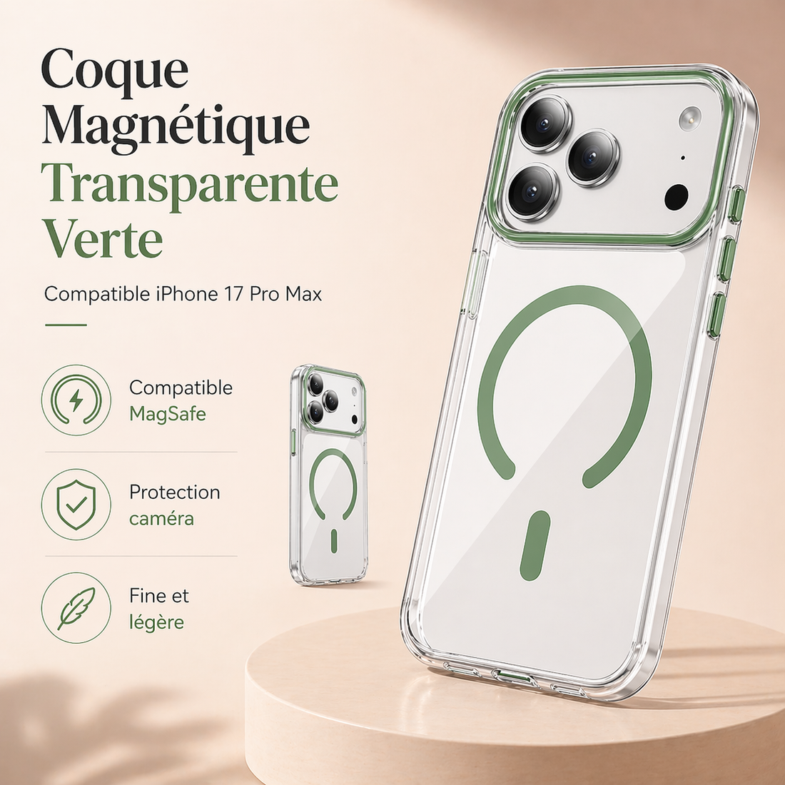 Coque magnétique transparente verte compatible iPhone 17 Pro Max
