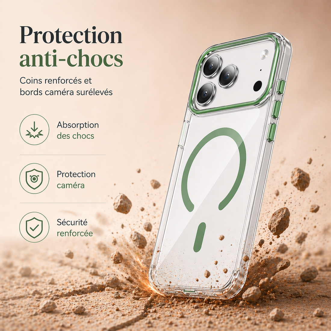 Coque iPhone 17 Pro Max transparente verte avec protection anti-chocs et bords caméra renforcés
