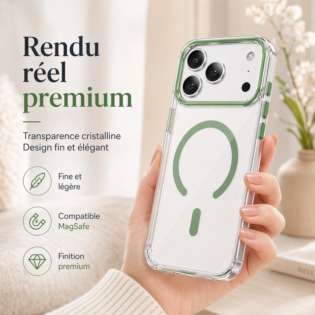 Coque magnétique transparente verte pour iPhone 17 Pro Max montrée en situation réelle