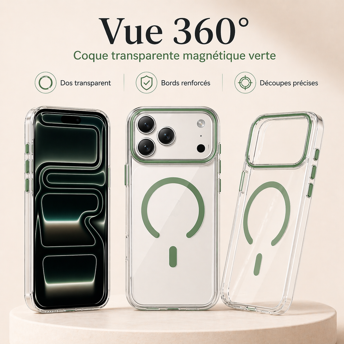 Vue 360 de la coque transparente magnétique verte pour iPhone 17 Pro Max
