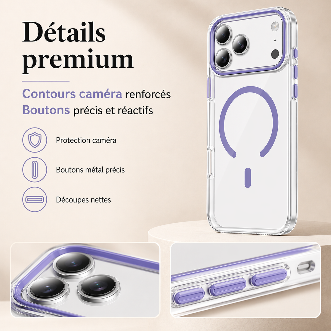 Gros plan de la coque iPhone 17 Pro Max violet lavande avec contour caméra renforcé et détails premium