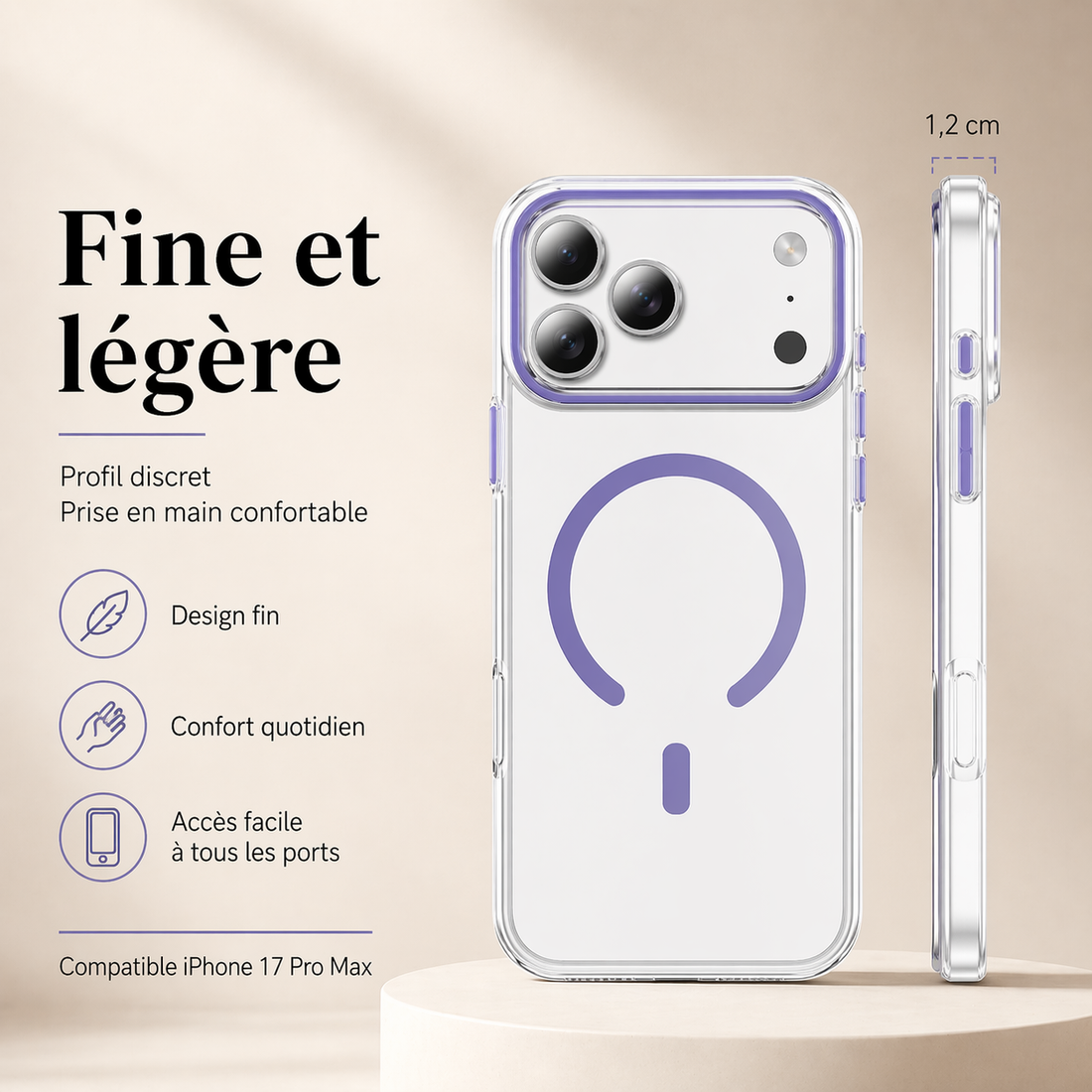 Vue face et profil de la coque transparente violet lavande pour iPhone 17 Pro Max montrant sa finesse
