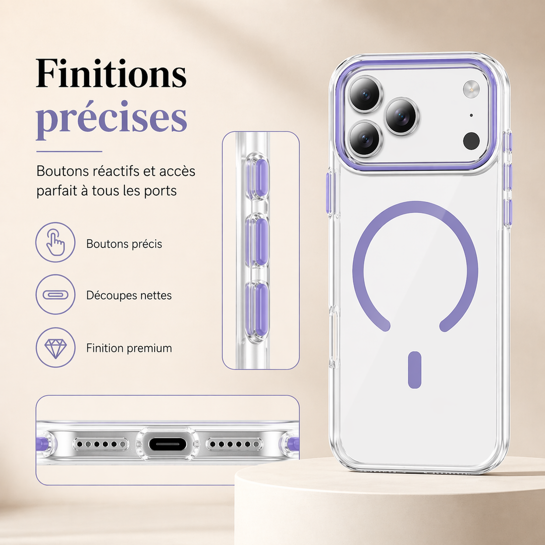 Finitions précises de la coque iPhone 17 Pro Max avec boutons réactifs et découpes nettes