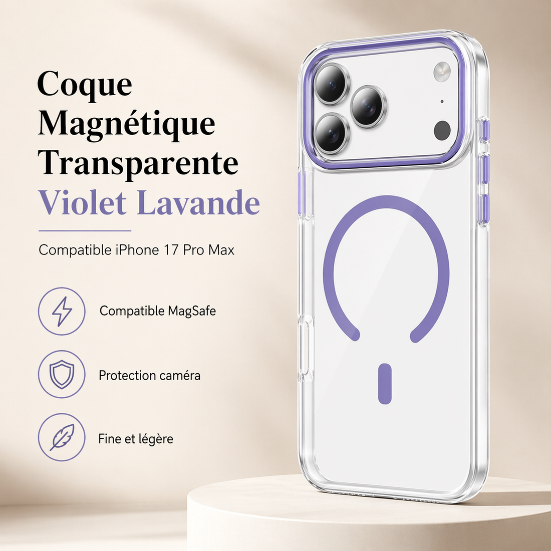 Coque magnétique transparente violet lavande compatible iPhone 17 Pro Max