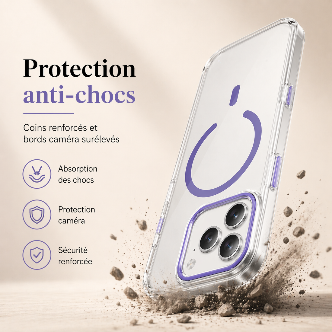 Coque iPhone 17 Pro Max transparente violet lavande avec protection anti-chocs et bords caméra renforcés