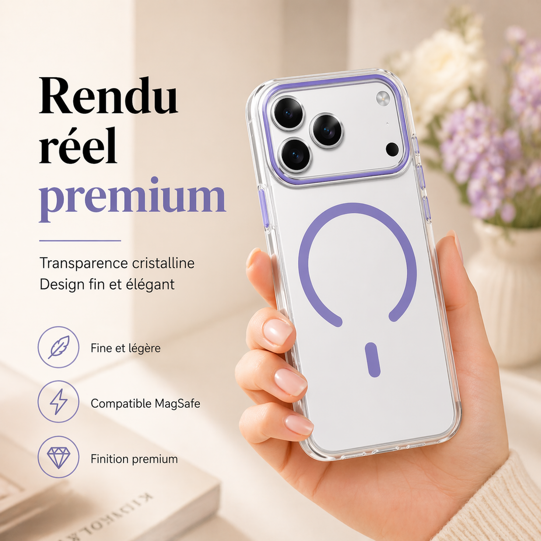 Coque magnétique transparente violet lavande pour iPhone 17 Pro Max montrée en situation réelle