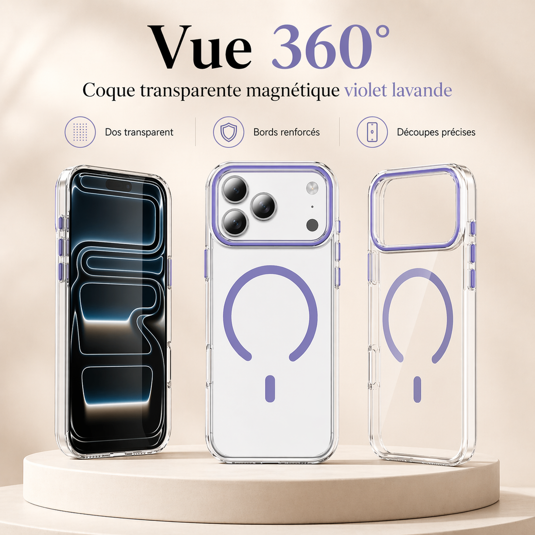 Vue 360 de la coque transparente magnétique violet lavande pour iPhone 17 Pro Max