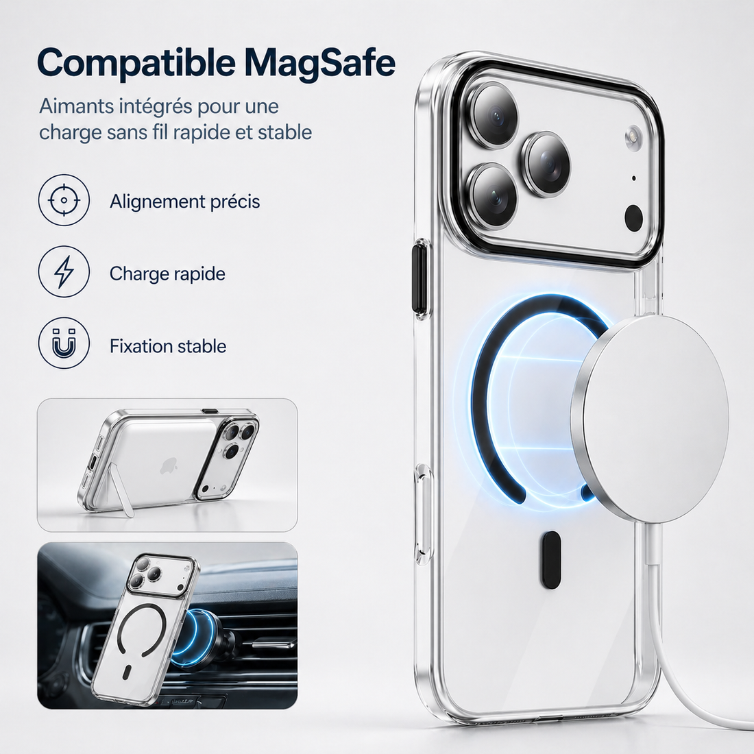 Coque transparente noire compatible MagSafe pour iPhone 17 Pro avec charge sans fil magnétique