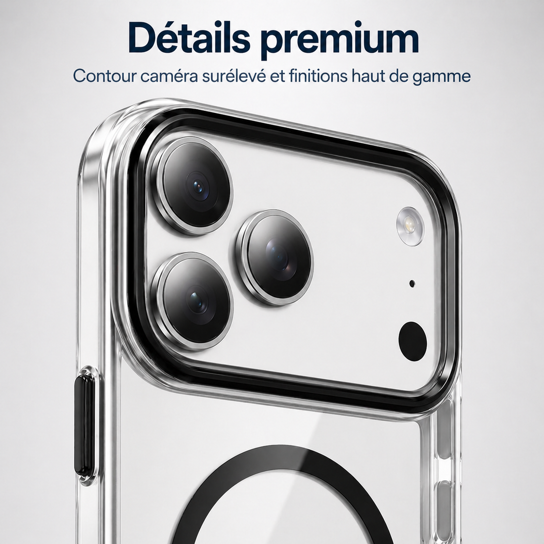 Détail du contour caméra et des finitions premium de la coque noire pour iPhone 17 Pro