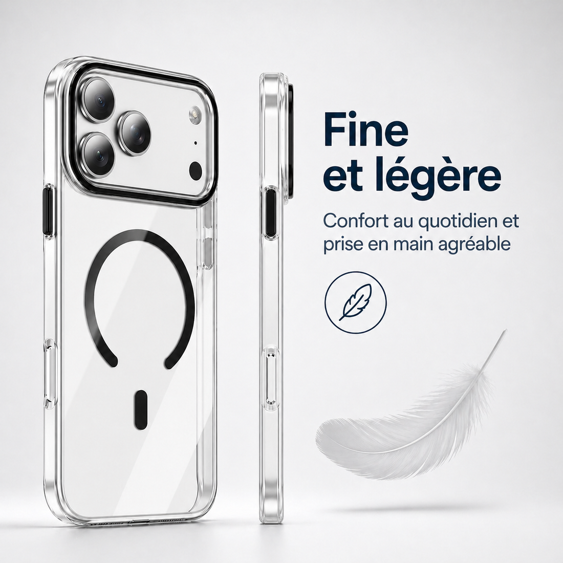 Coque transparente noire fine et légère pour iPhone 17 Pro vue de face et de profil