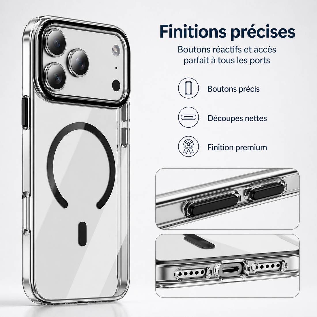 Coque transparente noire pour iPhone 17 Pro avec boutons précis et découpes nettes