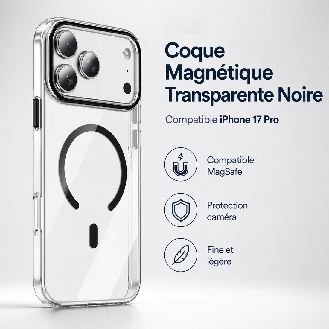 Coque magnétique transparente noire pour iPhone 17 Pro avec contour caméra renforcé