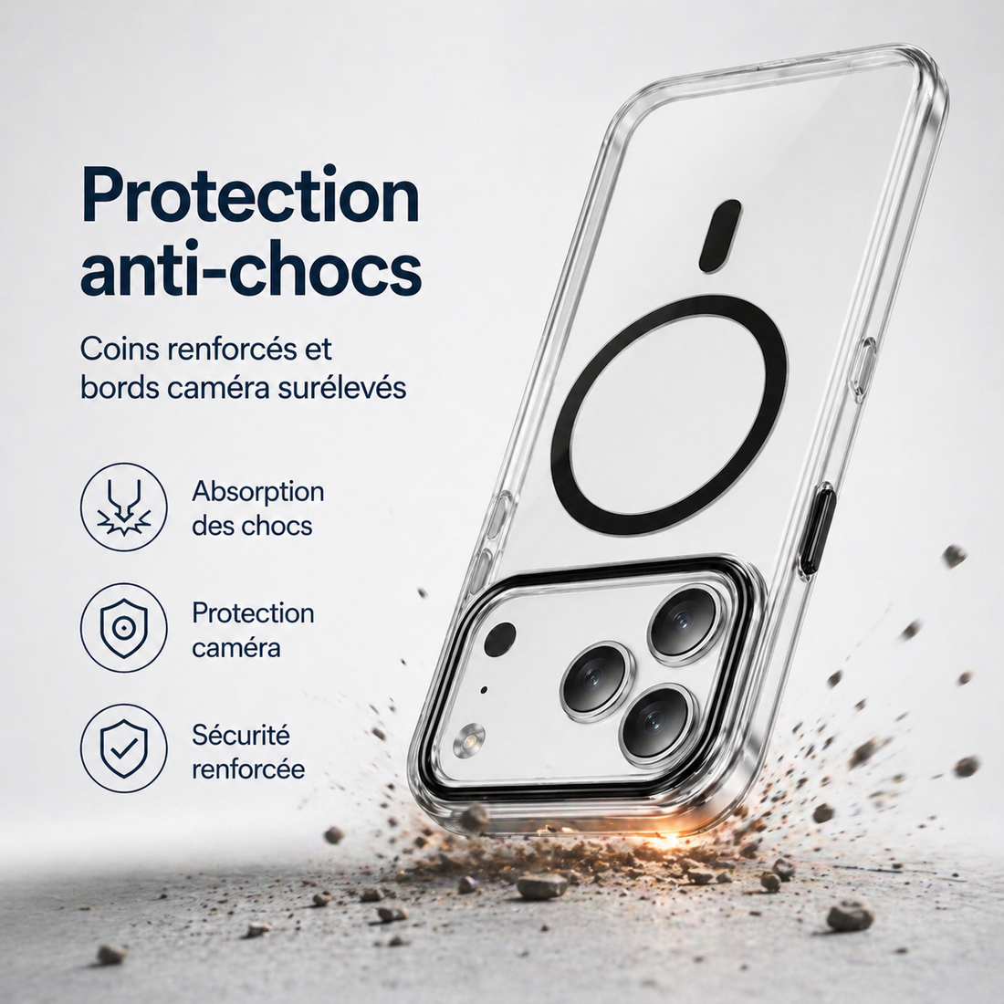 Coque iPhone 17 Pro transparente noire avec protection anti-chocs et coins renforcés