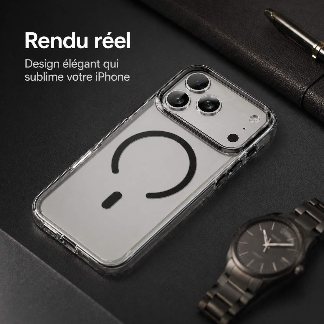 Coque magnétique transparente noire pour iPhone 17 Pro en mise en situation premium