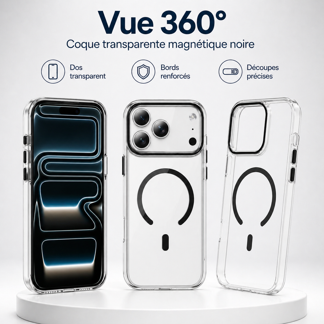 Vue 360 de la coque magnétique transparente noire pour iPhone 17 Pro