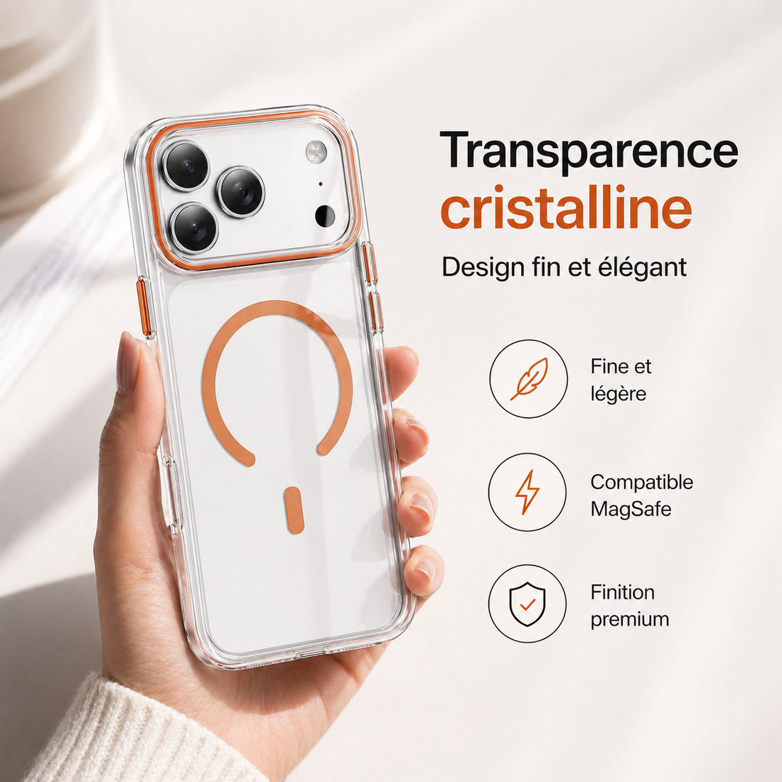 Gros plan de la coque iPhone 17 Pro orange avec contour caméra renforcé et détails premium