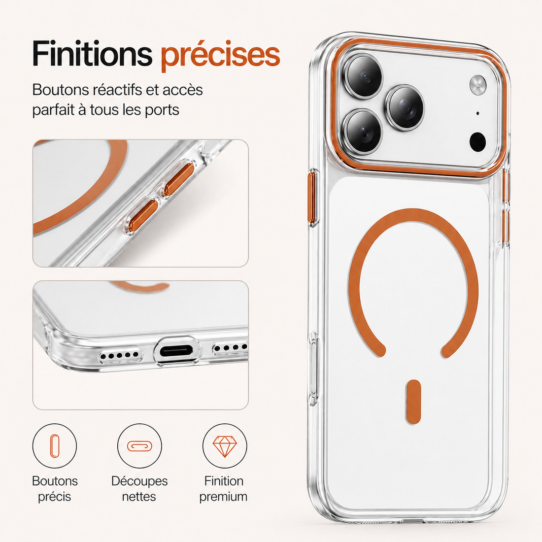 Finitions précises de la coque iPhone 17 Pro avec boutons réactifs et découpes nettes