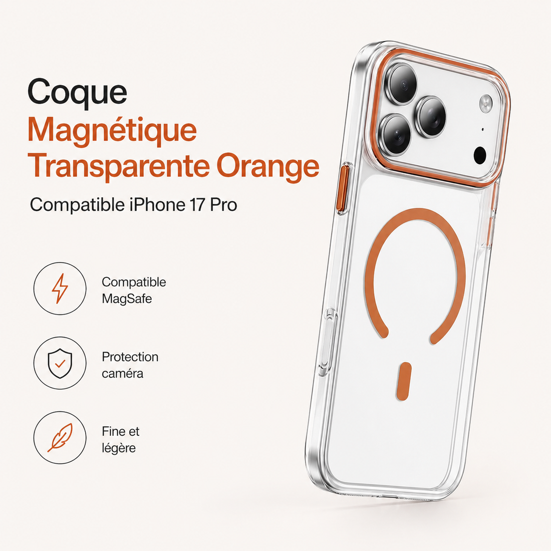 Coque magnétique transparente orange compatible iPhone 17 Pro