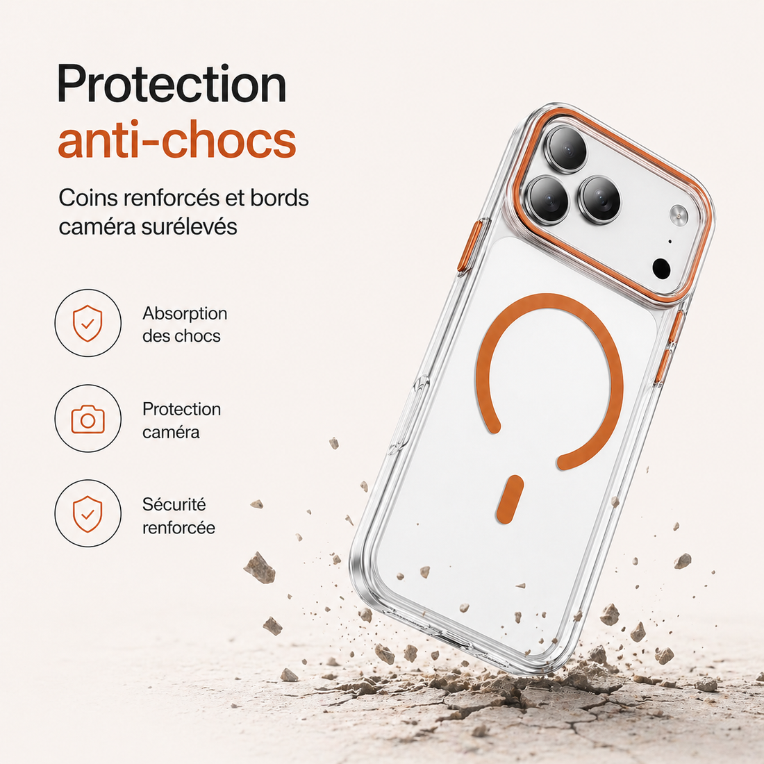 Coque iPhone 17 Pro transparente orange avec protection anti-chocs et bords caméra renforcés
