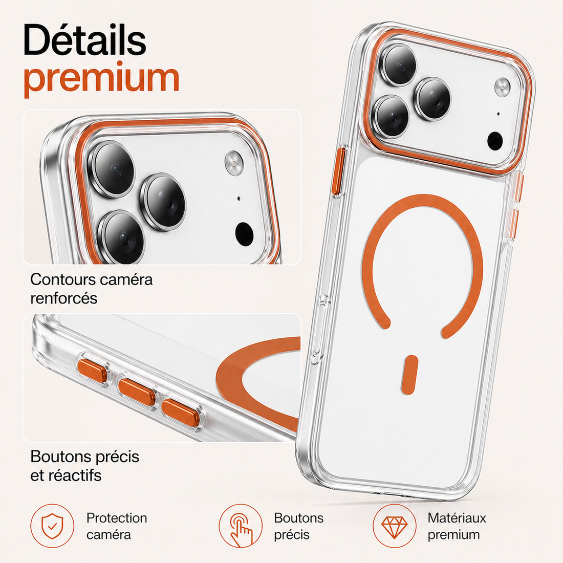Gros plan de la coque iPhone 17 Pro orange avec contour caméra renforcé et détails premium