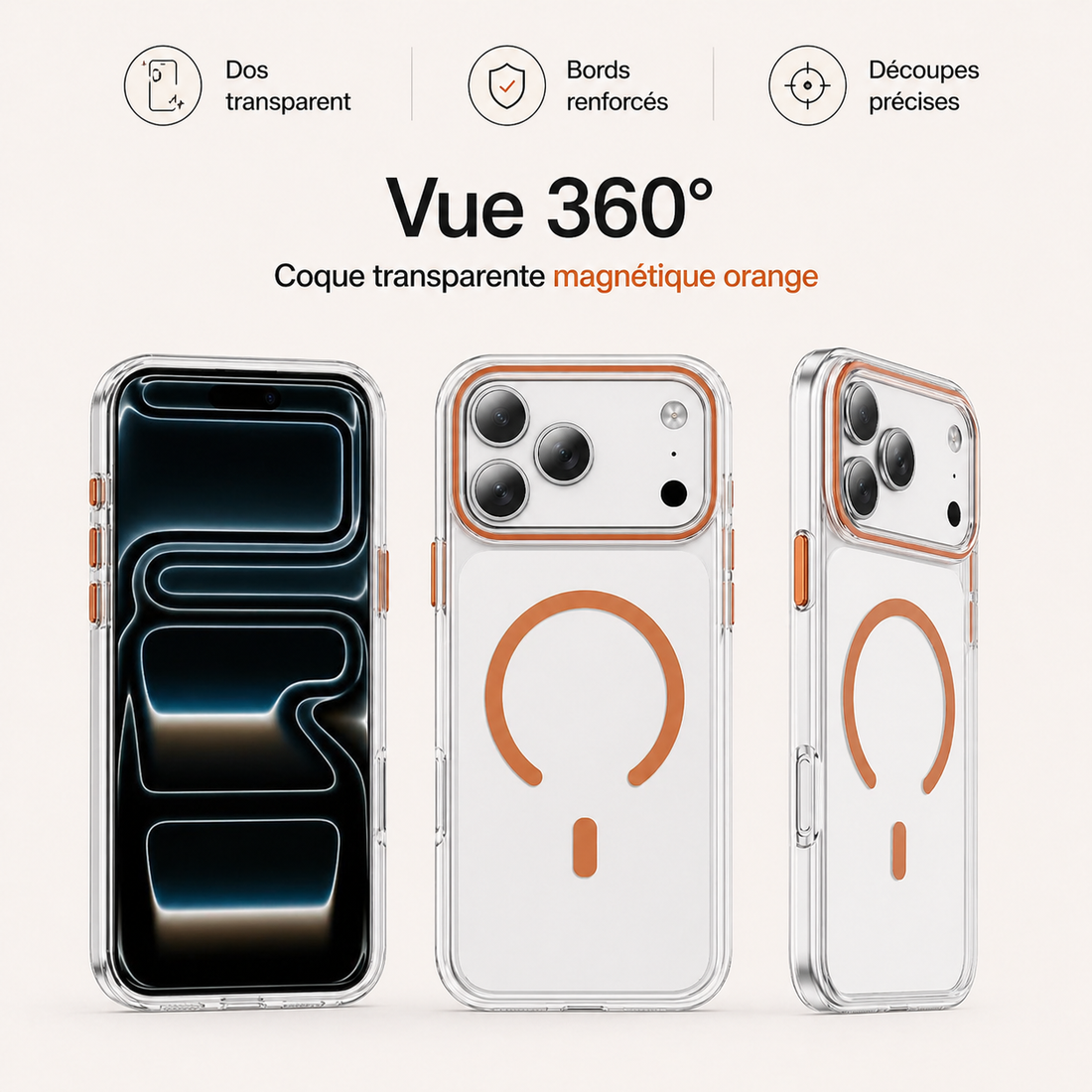 Vue 360 de la coque transparente magnétique orange pour iPhone 17 Pro