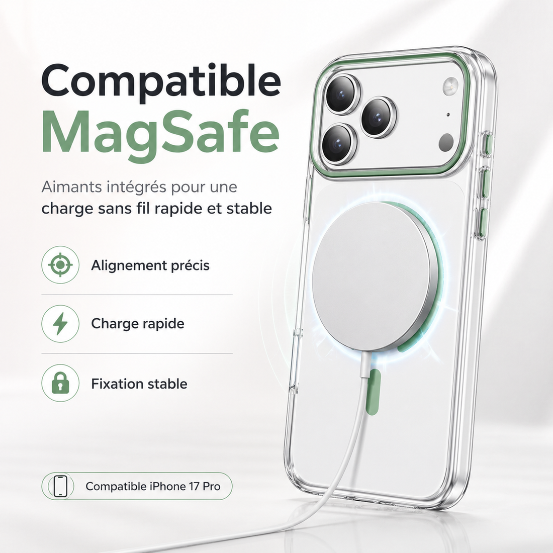 Coque compatible MagSafe pour iPhone 17 Pro avec charge sans fil rapide et stable