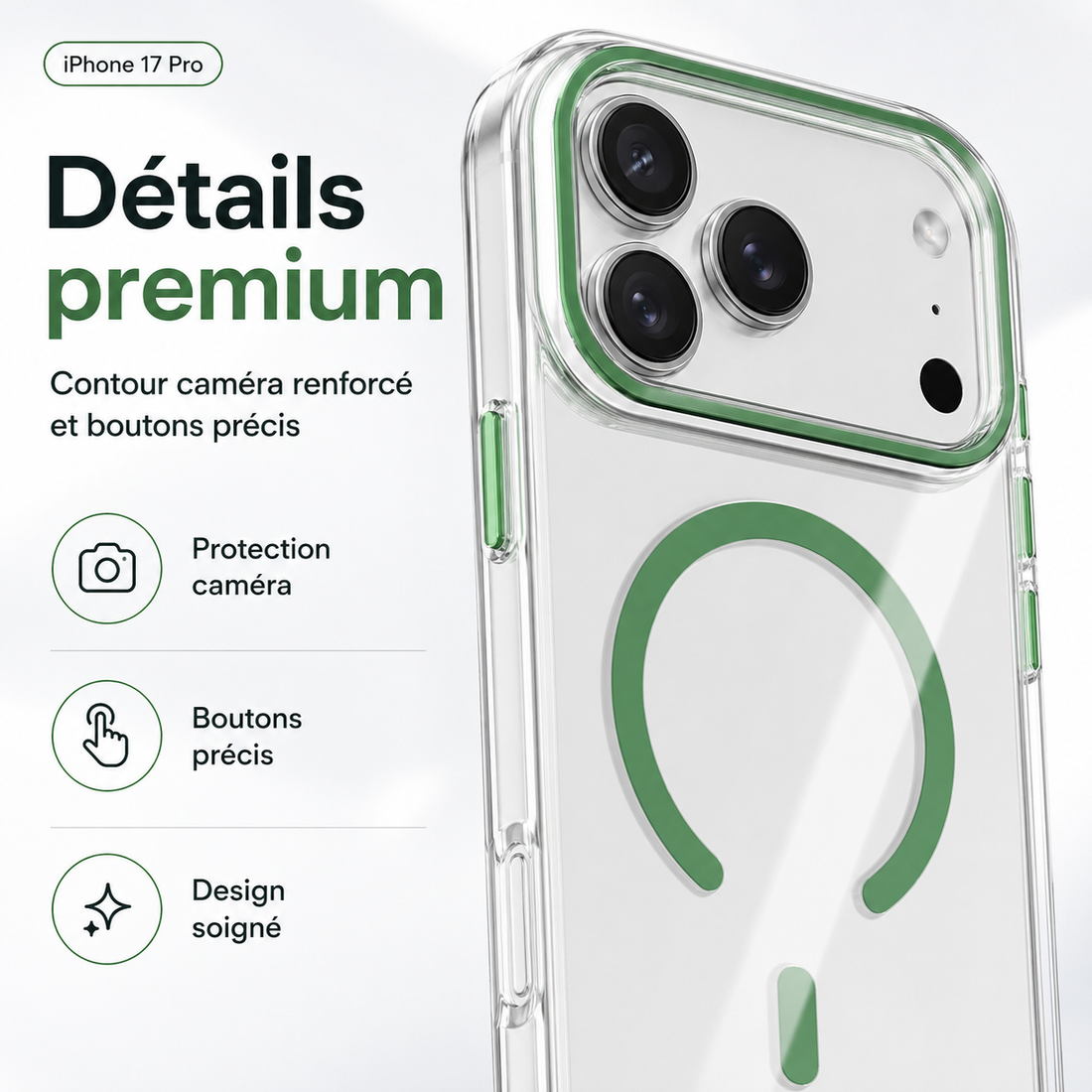 Gros plan de la coque iPhone 17 Pro verte avec contour caméra renforcé et détails premium