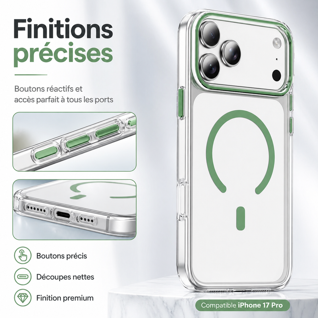 Finitions précises de la coque iPhone 17 Pro avec boutons réactifs et découpes nettes