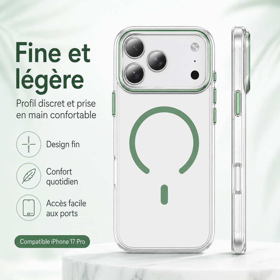 Vue face et profil de la coque transparente verte pour iPhone 17 Pro montrant sa finesse