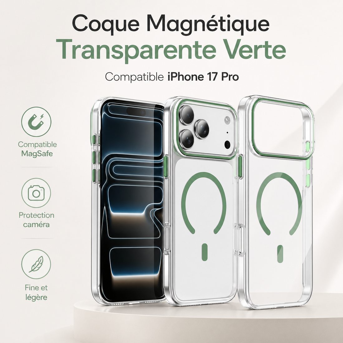 Coque magnétique transparente verte compatible iPhone 17 Pro

