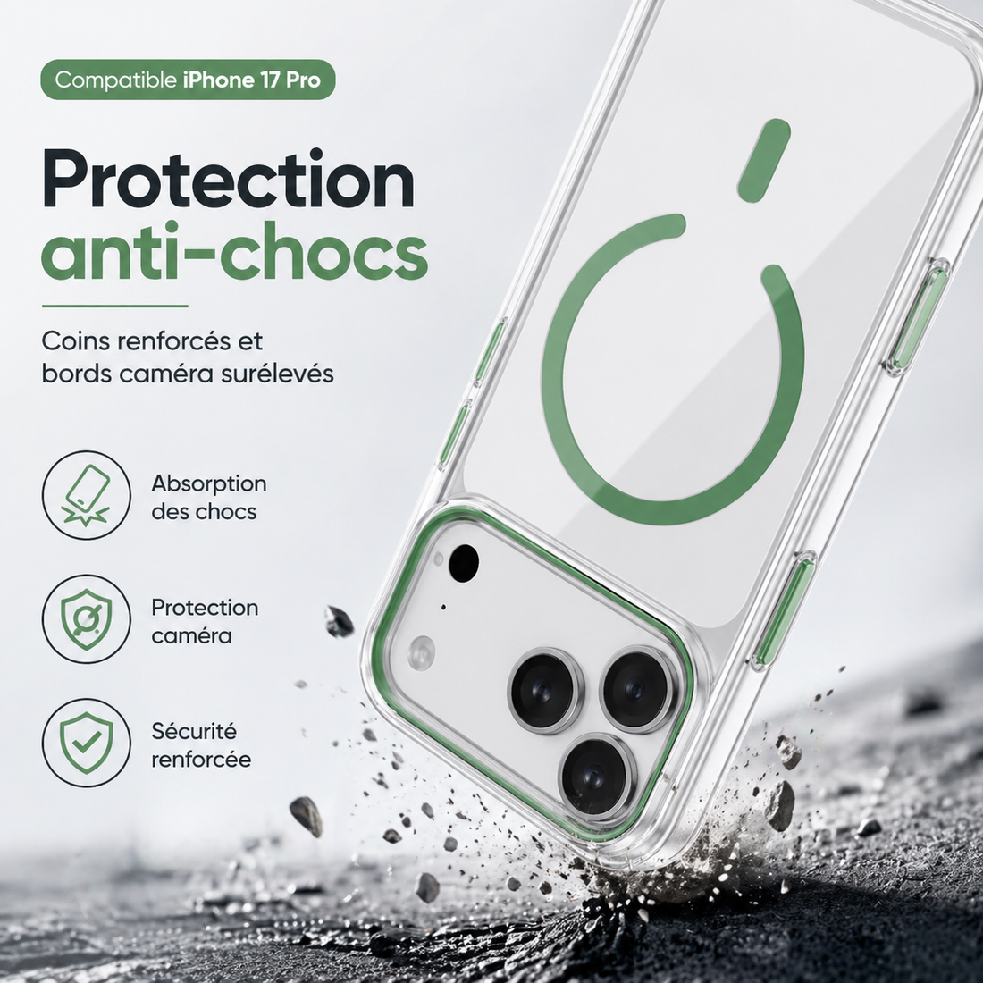 Coque iPhone 17 Pro transparente verte avec protection anti-chocs et bords caméra renforcés
