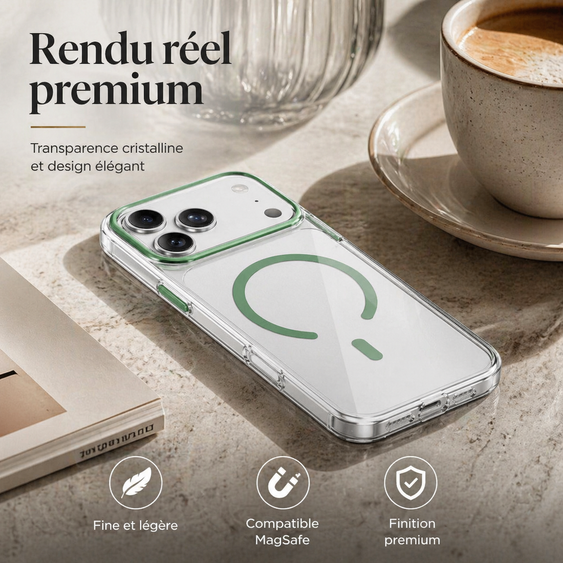 Coque magnétique transparente verte pour iPhone 17 Pro montrée en situation réelle