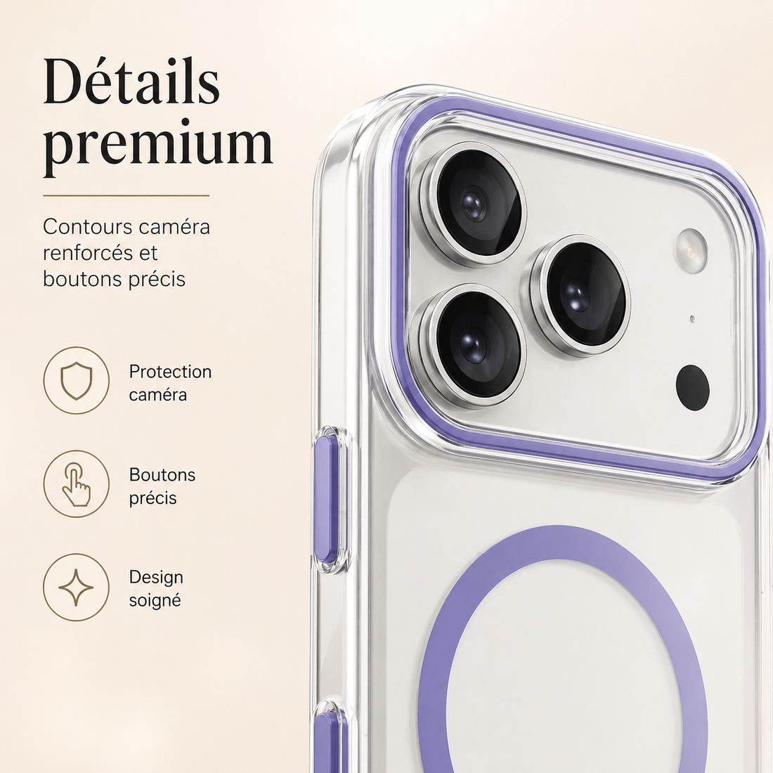 Gros plan de la coque iPhone 17 Pro violet lavande avec contour caméra renforcé et détails premium