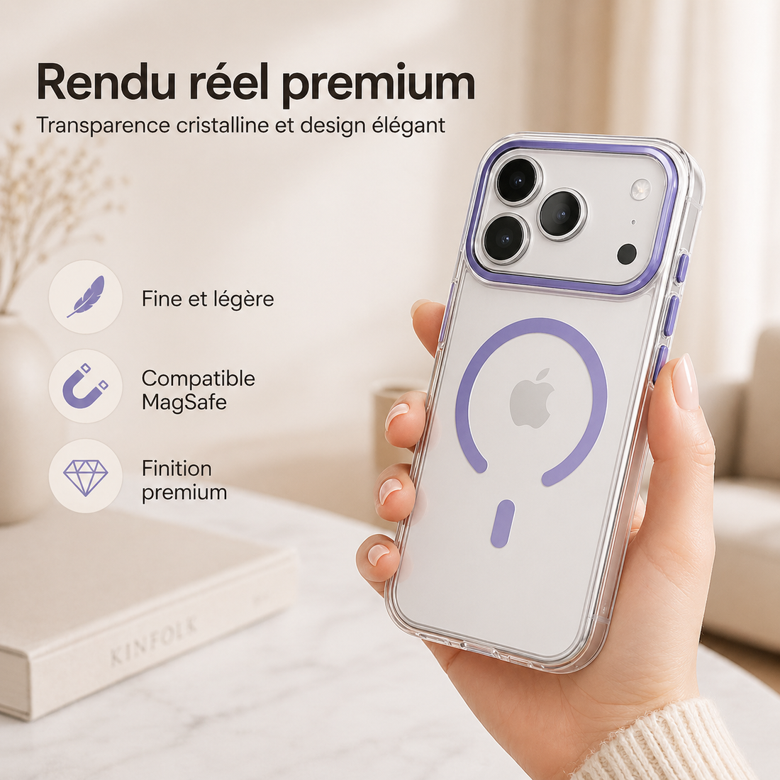 Coque magnétique transparente violet lavande pour iPhone 17 Pro montrée en situation réelle