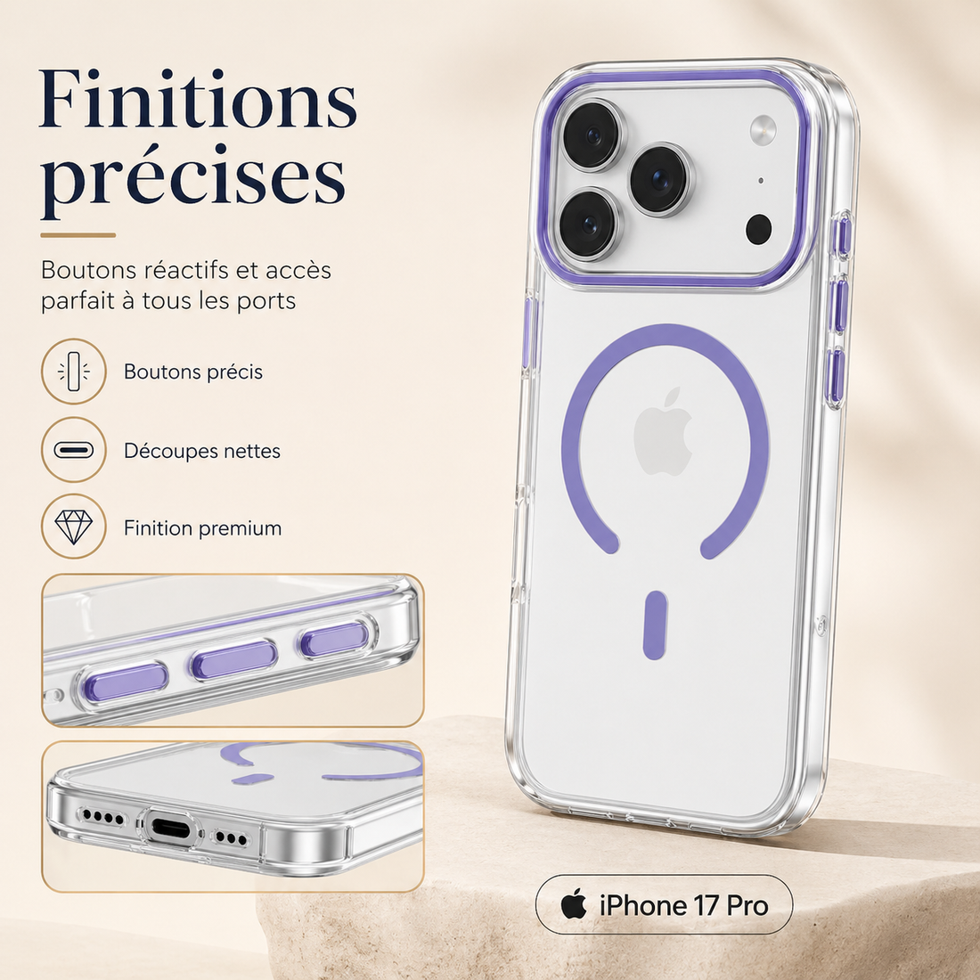 Finitions précises de la coque iPhone 17 Pro avec boutons réactifs et découpes nettes