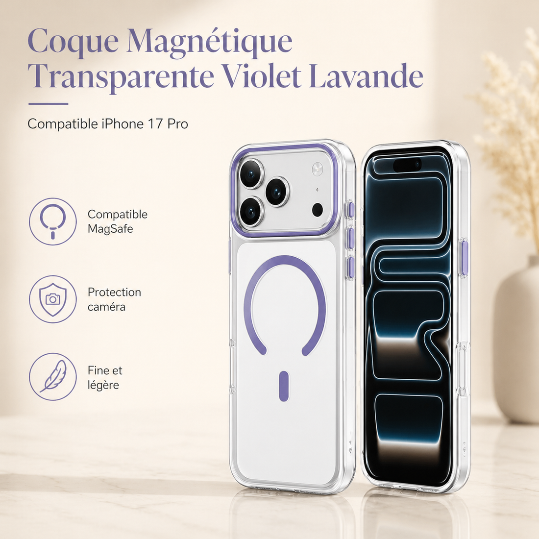 Coque magnétique transparente violet lavande compatible iPhone 17 Pro