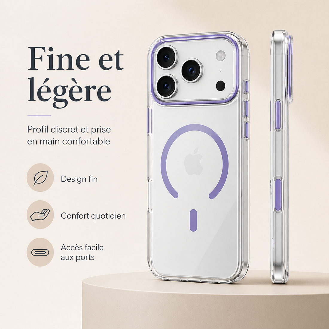 Vue face et profil de la coque transparente violet lavande pour iPhone 17 Pro montrant sa finesse