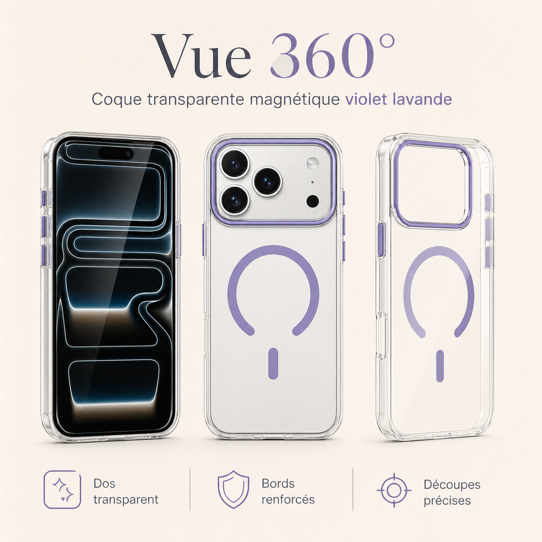 Vue 360 de la coque transparente magnétique violet lavande pour iPhone 17 Pro