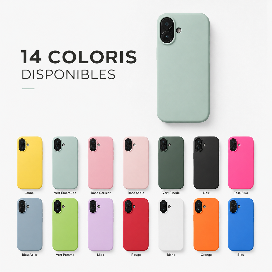 Coque iPhone 17 en silicone soft touch antichoc disponible en 14 coloris