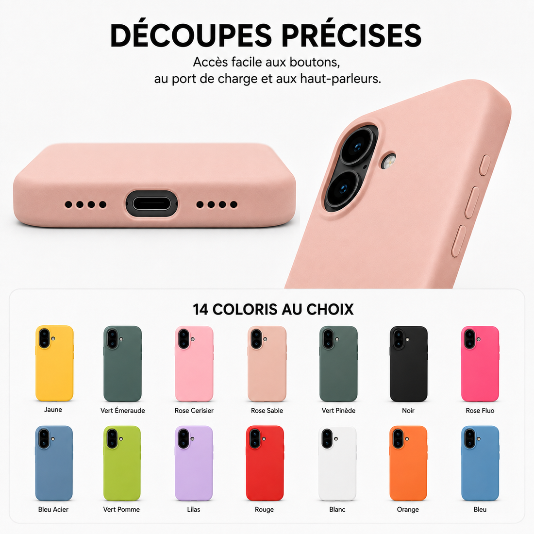 Coque iPhone 17 en silicone soft touch avec découpes précises pour les boutons et le port de charge