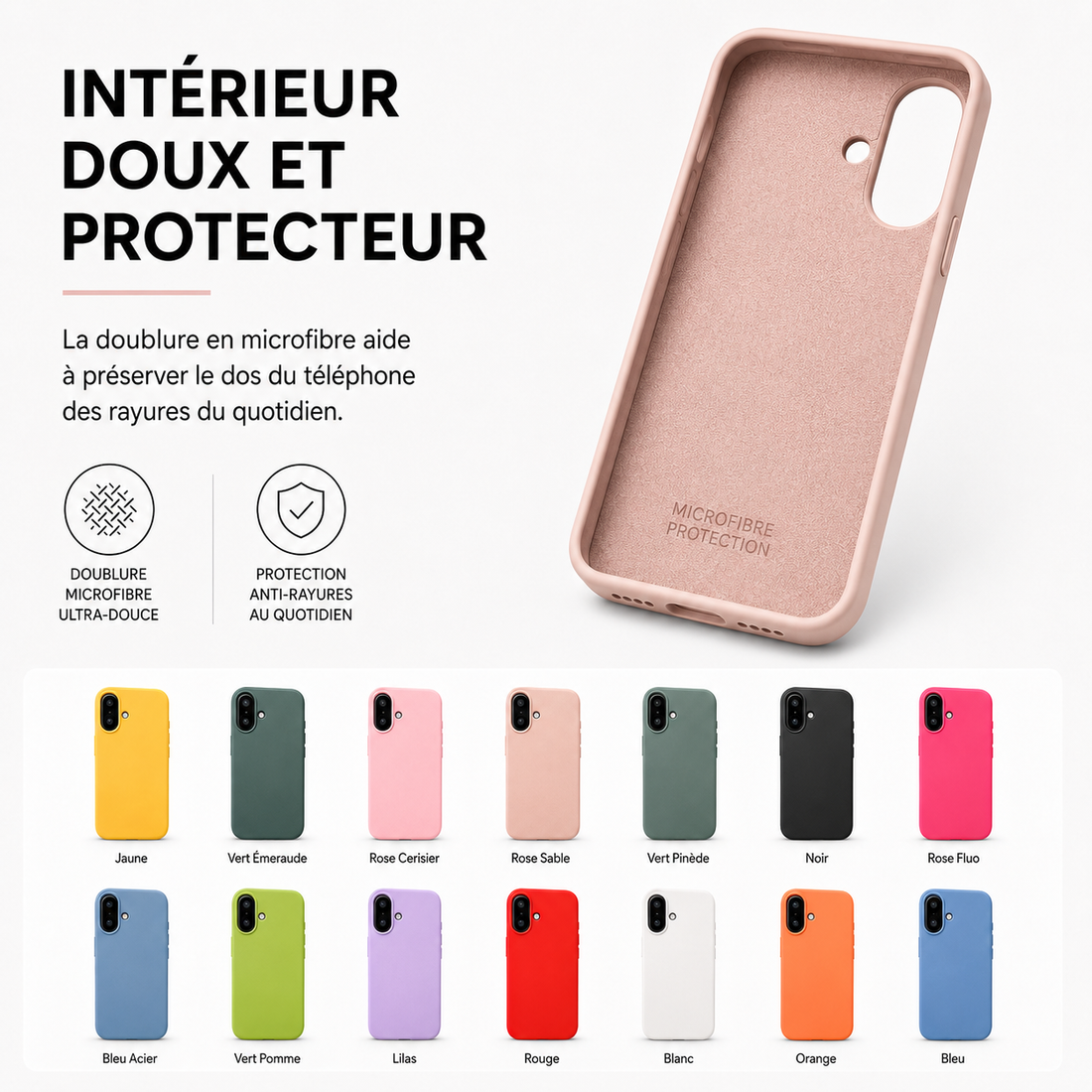 Coque iPhone 17 en silicone soft touch avec intérieur doux en microfibre anti-rayures